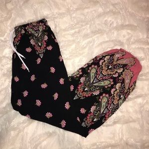 Black and Pink Flowy Pants Elastic Ankle Cuffs